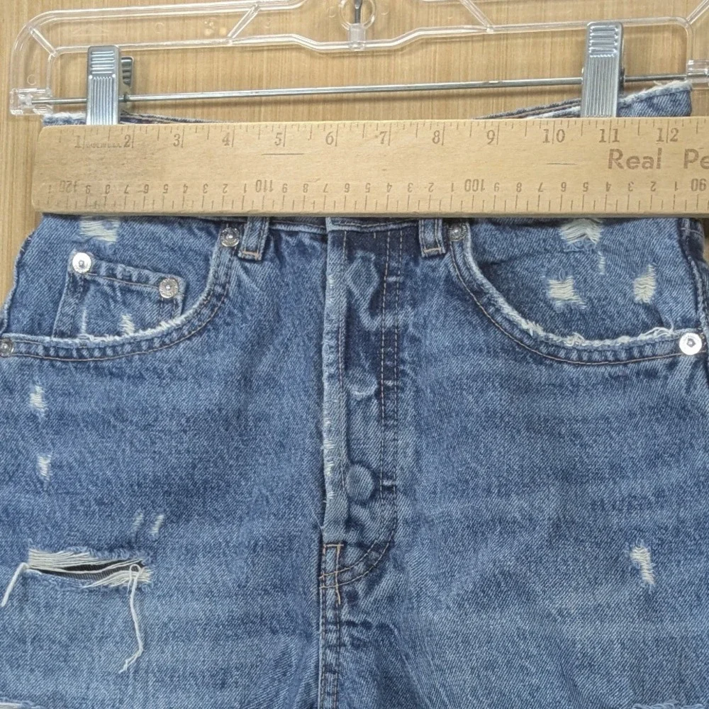 ZARA Blue Denim Distressed Cut Off Shorts Button Fly Raw Hem High Rise Women's 0